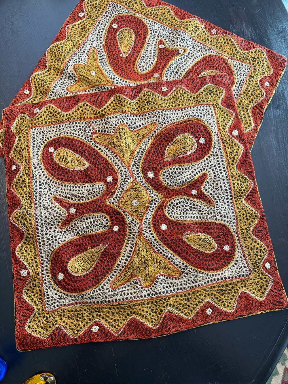 2 Handcrafted Red, Gold & Cream Decorative pillowcases Runner